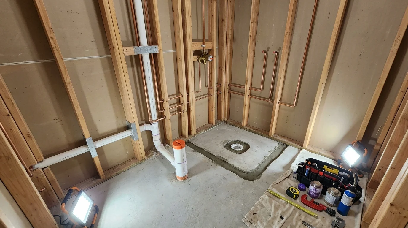 Bathroom rough-in plumbing during remodel by Johns Plumbing LLC in Highland Mills