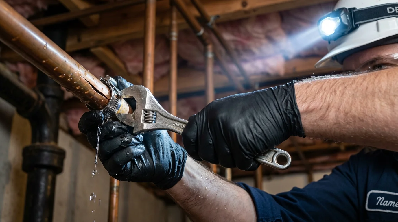 Emergency pipe clamp repair being performed by a Johns Plumbing LLC plumber in Highland Mills