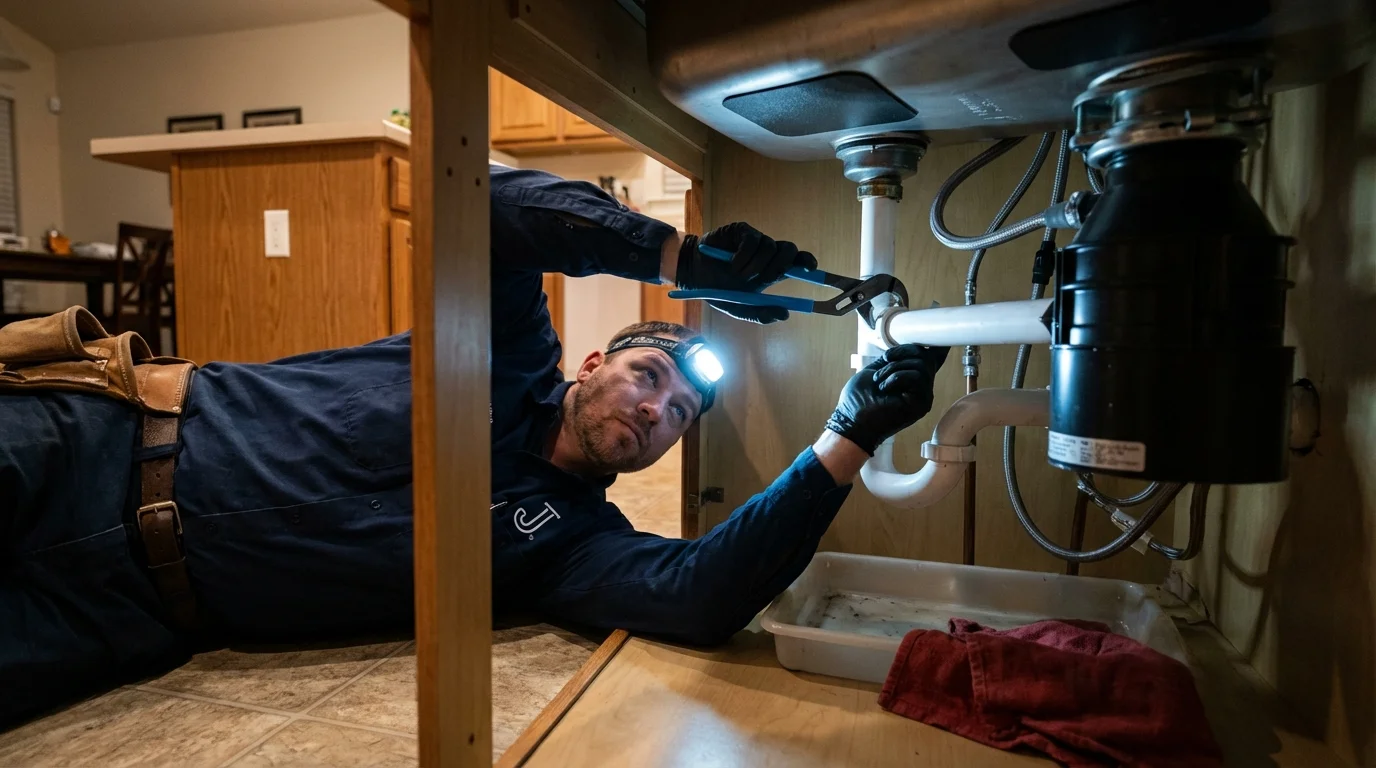 P-trap and supply line connections under a kitchen sink showing a common leak point in Highland Mills, NY